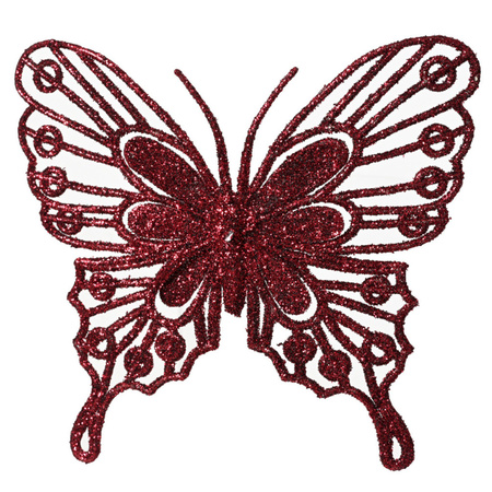 Decoris kerst vlinders op clip - 4x -donkerrood - 13 cm - glitter