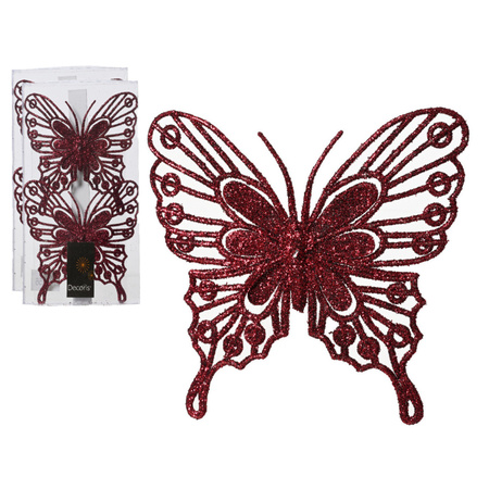 Decoris kerst vlinders op clip - 4x -donkerrood - 13 cm - glitter