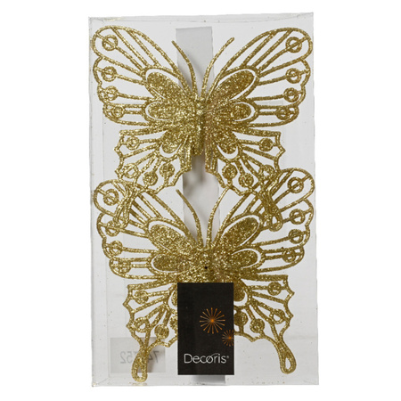Decoris kerstboom vlinders op clip - 4x stuks -goud - 13 cm - glitter