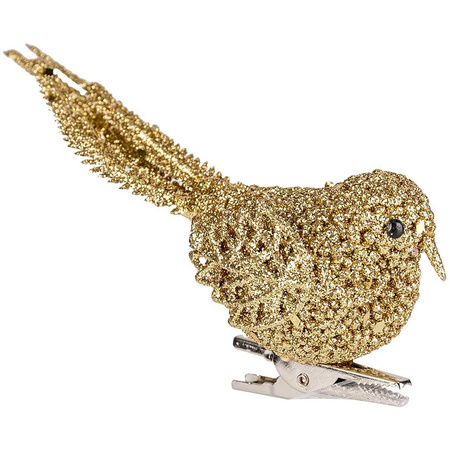 Kerstboom decoratie vogel - goud - op clip - 12 cm - kunststof