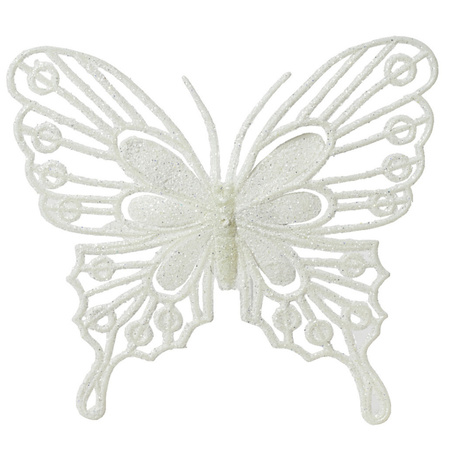 Decoris kerstversiering vlinders op clip - 4x -wit - 13 cm - glitter