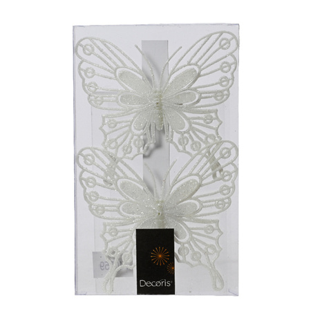 Decoris kerstversiering vlinders op clip - 4x -wit - 13 cm - glitter