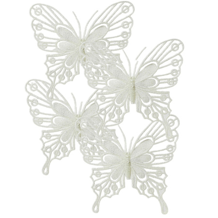 Christmas tree decoration butterflies on clip 4x pcs - white - 13cm
