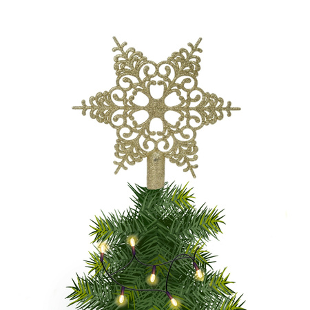 Kerstboom piek open kunststof kerst ster goud met glitters H19 cm