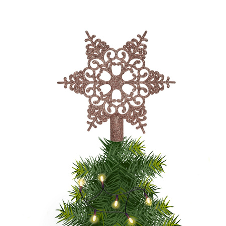 Kerstboom piek open kunststof kerst ster lichtroze met glitters H19 cm