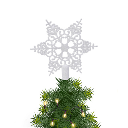 Kerstboom piek open kunststof kerst ster parelmoer wit met glitters H19 cm