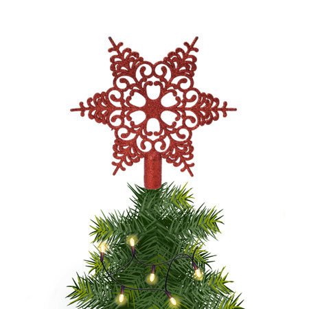 Kerstboom piek open kunststof  kerst ster rood met glitters H19 cm