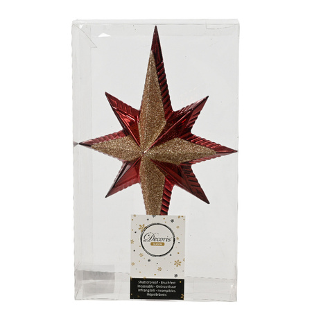 Plastic star christmas tree topper dark red/gold glitter 25,5 cm
