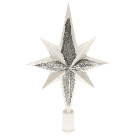 Plastic star christmas tree topper white/silver glitter 25,5 cm