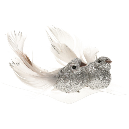 2x Christmas tree glitter silver bird on clip 10 cm