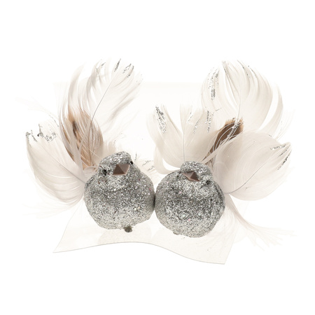 kerstboom vogels op clip 2x stuks - glitter zilver 10 cm