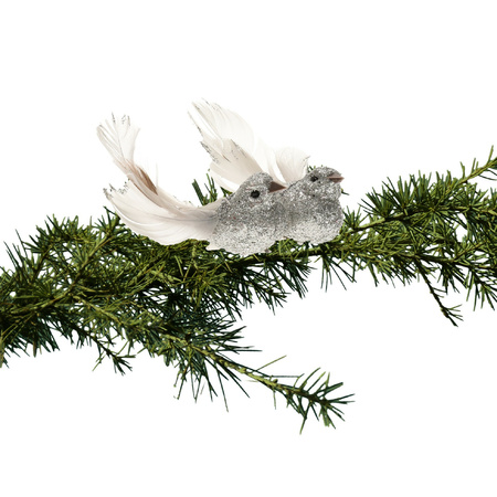 kerstboom vogels op clip 2x stuks - glitter zilver 10 cm
