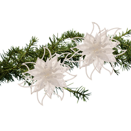 Cosy and Trendy kerst bloem op clip -2x - wit -14 cm -glitters