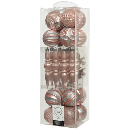 30x pcs plastic christmas baubles and ornaments powder pink mix