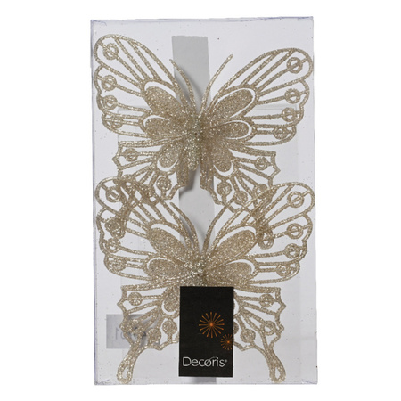 Decoris kerst vlinders op clip - 2x stuks -champagne - 13 cm - glitter