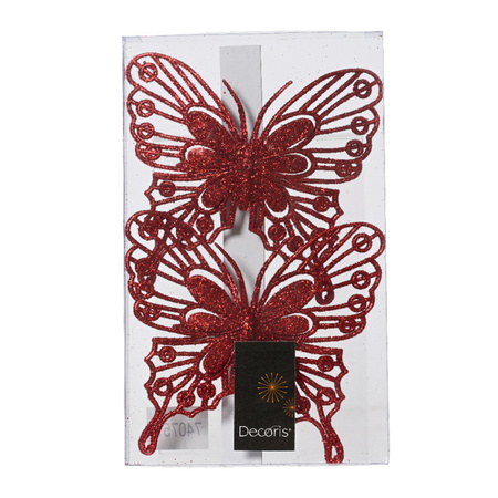 Decoris kerstboom vlinders op clip - 2x stuks -rood - 13 cm - glitter