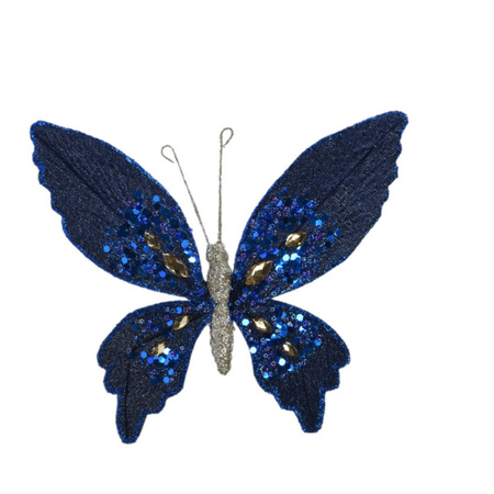 Decoris kerst vlinders op clip - 2x st - donkerblauw fluweel -15 cm