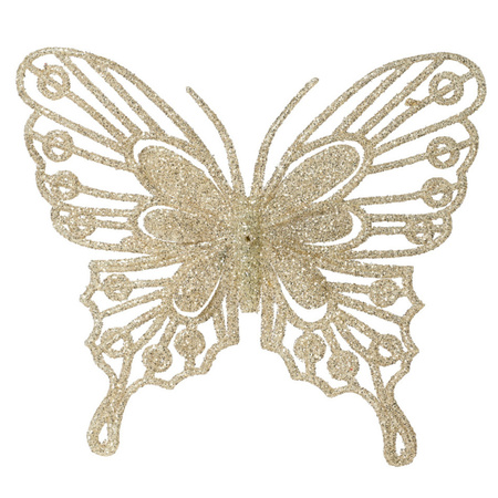 Decoris kerst vlinders op clip - 4x st -champagne - 13 cm - glitter