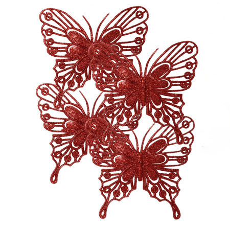 Decoris kerstboom vlinders op clip - 4x stuks -rood - 13 cm - glitter
