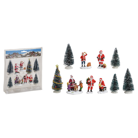 Christmas village figures and tree of plastic