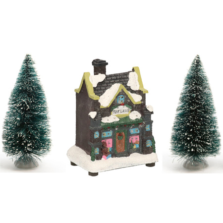 Kerstdorp verlicht kersthuisje speelgoedwinkel 12 cm inclusief 2 kerstboompjes