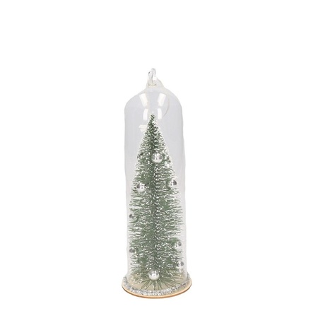 Kerst hangdecoratie glazen stolp met groen/zilveren kerstboom 22 cm