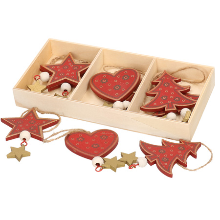 Kersthangers set van 18x rode houten ornamenten 10 cm