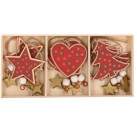 Kersthangers set van 18x rode houten ornamenten 10 cm
