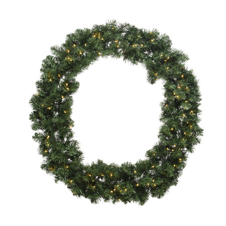Kerstkrans/dennenkrans groen met warm witte verlichting en timer 50 cm