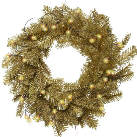 Kerstkrans goud glitter 50 cm incl. verlichting warm wit 4m