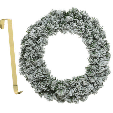 Christmas wreath green with snow 35 cm plastic incl. door hanger
