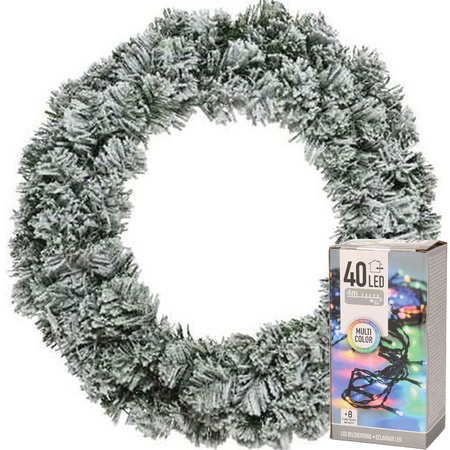 Christmas wreath green with snow 40 cm incl. lights coloured 4m