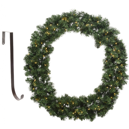 Christmas wreath green with lights 50 cm plastic incl. door hanger