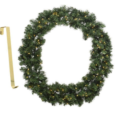 Christmas wreath green with lights 60 cm plastic incl. door hanger