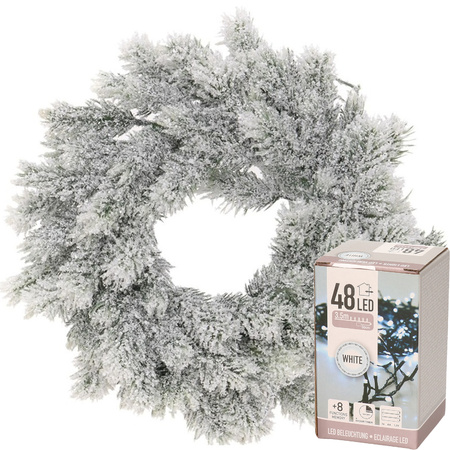 Kerstkrans met sneeuw 35 cm incl. verlichting helder wit 4m