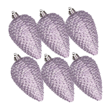 Kerstornamenten kunststof dennenappels 6x stuks lila paars glitter 8 cm 