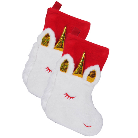 Kerstsokken - 2 stuks - eenhoorn - rood met goud - polyester - 45 cm