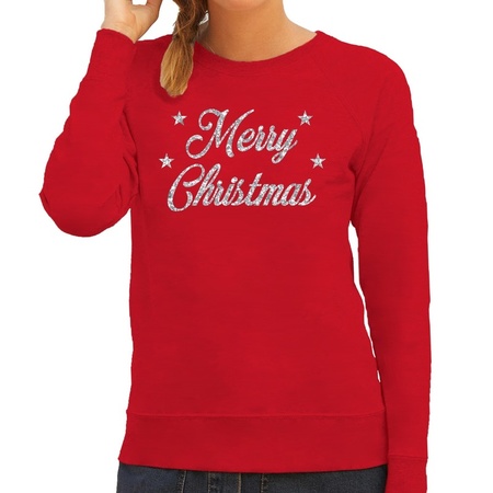 Red Christmas sweater Merry Christmas silver for women