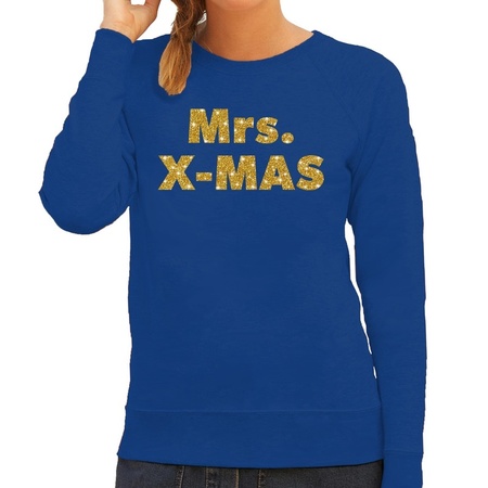 Foute kerstborrel trui / kersttrui Mrs. x-mas goud / blauw dames