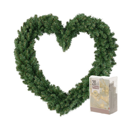 Christmas wreath heart shape green 50 cm including christmas lights