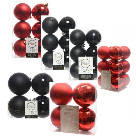 Kerstversiering kunststof kerstballen mix zwart/rood 6-8-10 cm pakket van 44x stuks