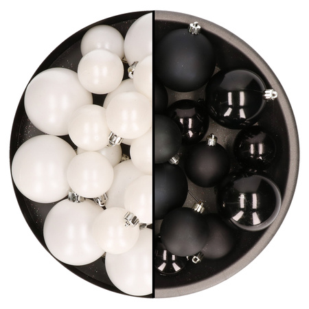 Kerstversiering kunststof kerstballen mix zwart/wit 6-8-10 cm pakket van 44x stuks