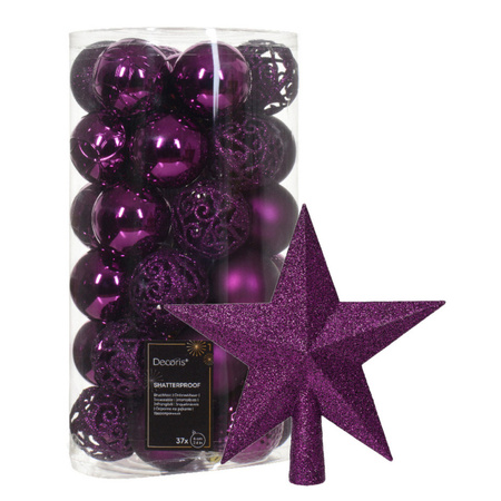 Christmas tree decoration - 37x pcs baubles 6 cm and star topper - purple - plastic