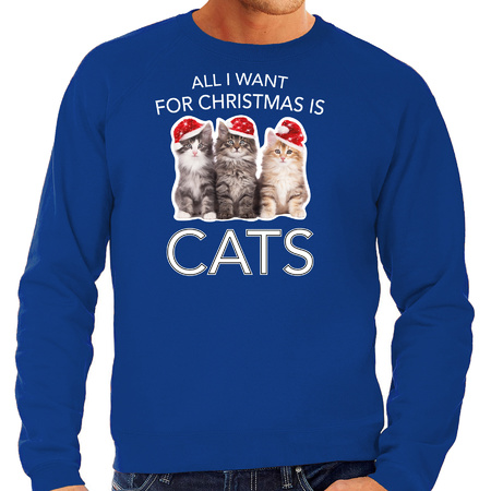 Blauwe Kersttrui / Kerstkleding All I want for christmas is cats voor heren