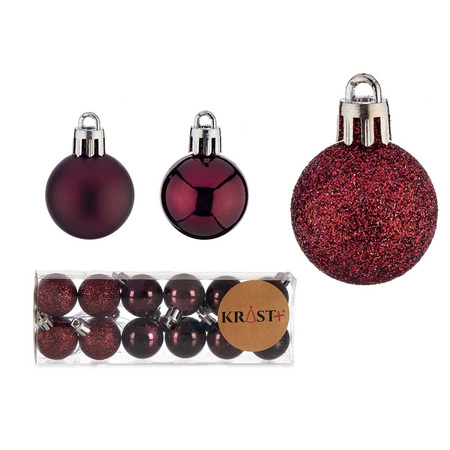 Krist+ mini kerstballen - 12x stuks - wijn/bordeaux rood - kunststof -3 cm