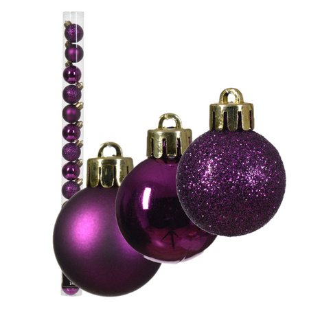 Decoris kleine kerstballen - 14x - paars - 3 cm -kunststof
