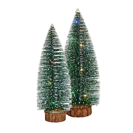 Kleine/mini decoratie kerstboompjes set van 2x st met gekleurd licht 30-35 cm