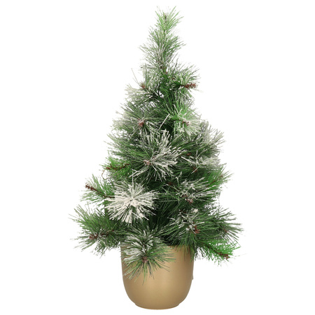 Kunst kerstboom/kunstboompje met sneeuw in gouden pot H60 cm