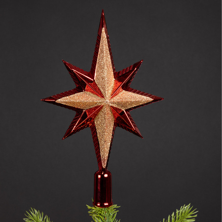 1x Plastic star christmas tree topper glitter red 25,5 cm