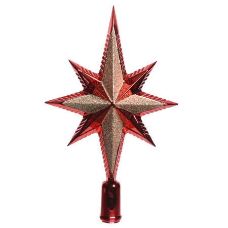 Kunststof glitter ster piek/kerstboom topper rood 25,5 cm